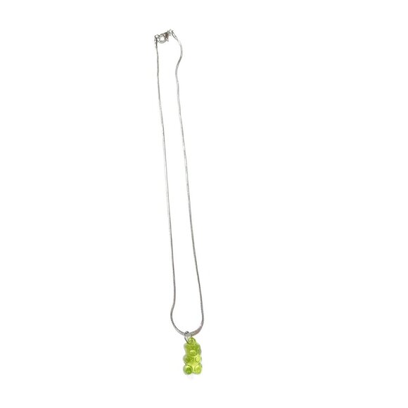 New Artisan Silver Chain Lime Green Resin Gummy Bear Mid Length Pendant Necklace - Picture 1 of 2